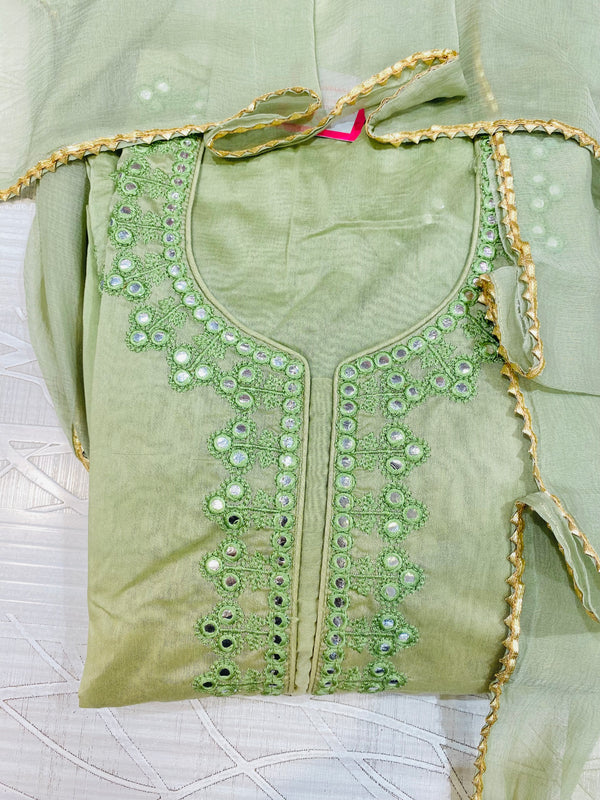 Designer Embroidered Suit Length 3 Piece Green Chanderi Cotton