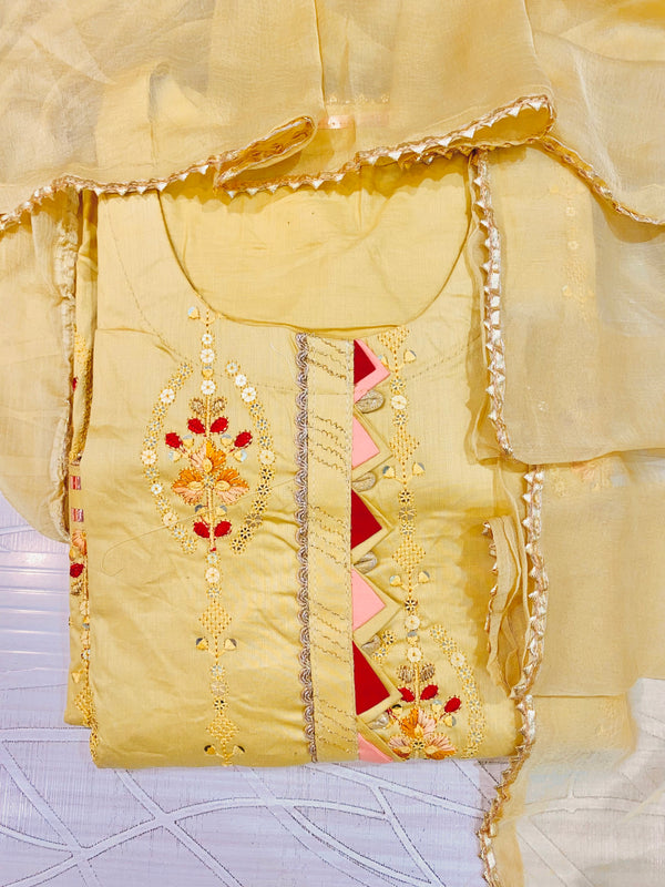 Designer Embroidered Suit Length 3 Piece Golden Mal Cotton