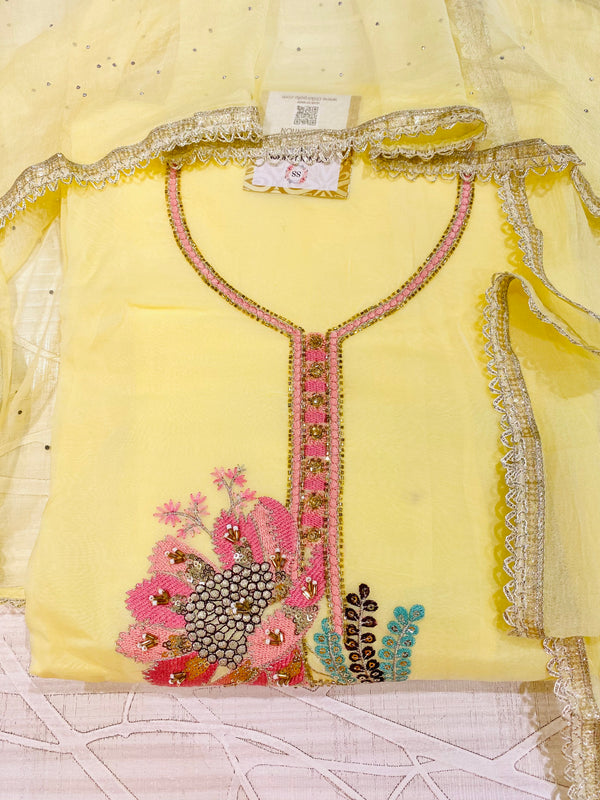 Designer Embroidered Suit Length 3 Piece Yellow Organza