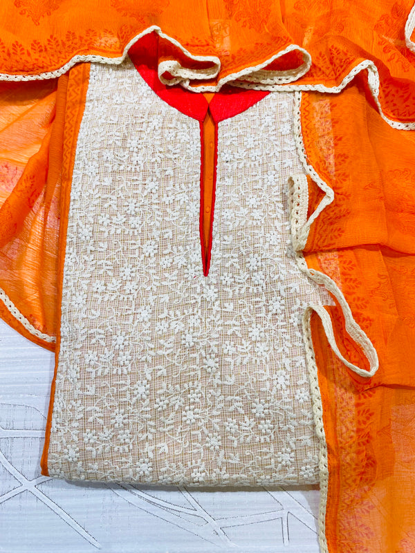 Designer Embroidered Suit Length 3 Piece Orange Mal Cotton