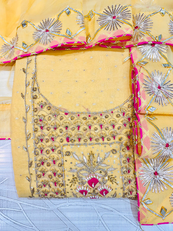 Designer Embroidered Suit Length 3 Piece Golden Yellow Chanderi Cotton