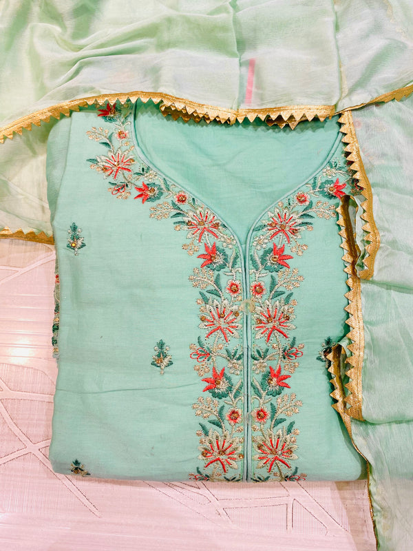 Designer Embroidered Suit Length 3 Piece Green Mal Cotton