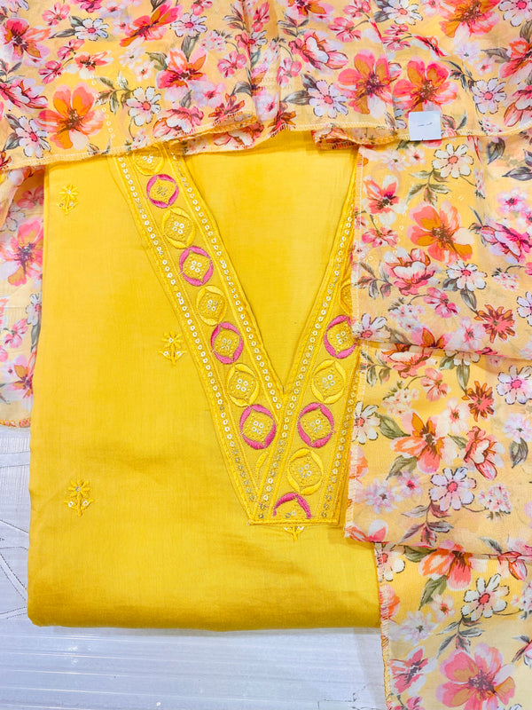 Designer Embroidered Suit Length 3 Piece Yellow Chanderi Cotton