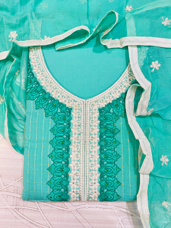 Designer Embroidered Suit Length 3 Piece Green Mal Cotton