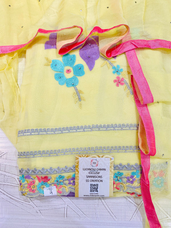 Designer Embroidered Suit Length 3 Piece Lemon Yellow Organza