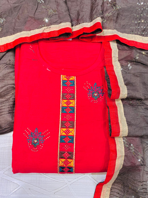 Designer Embroidered Suit Length 3 Piece Red Mal Cotton