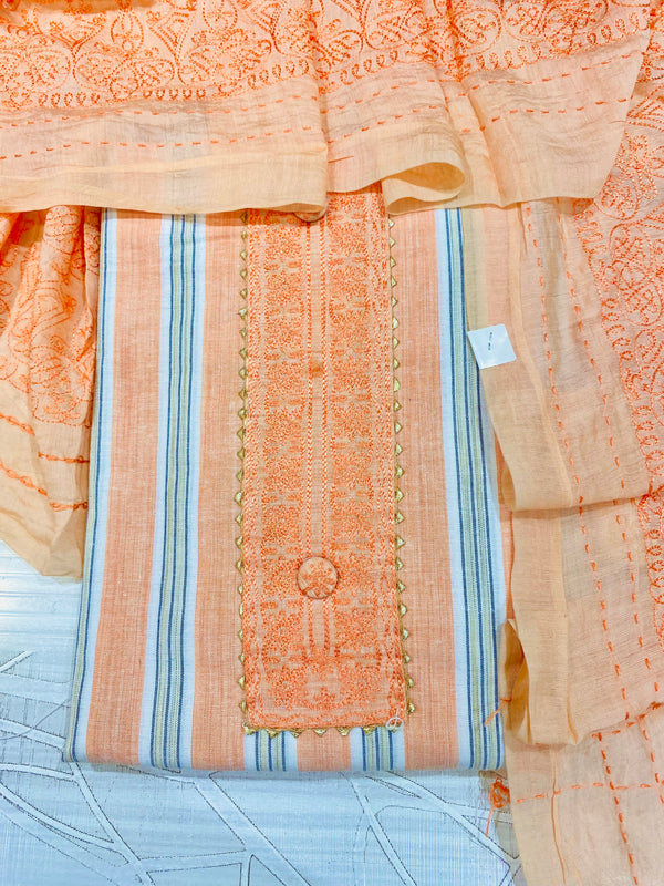 Designer Suit Length 3 Piece Peach Mal Cotton