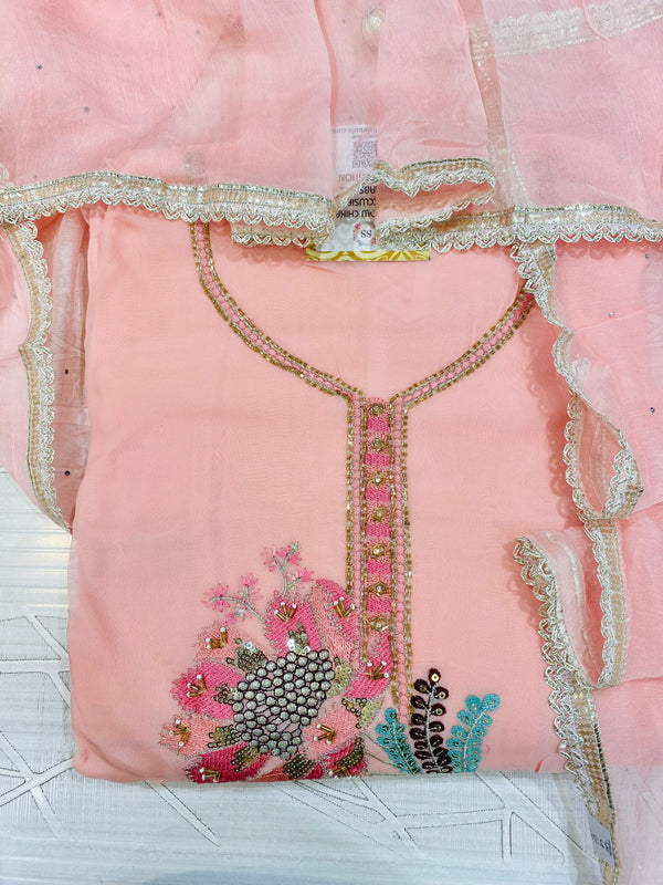 Designer Embroidered Suit Length 3 Piece Pink Organza