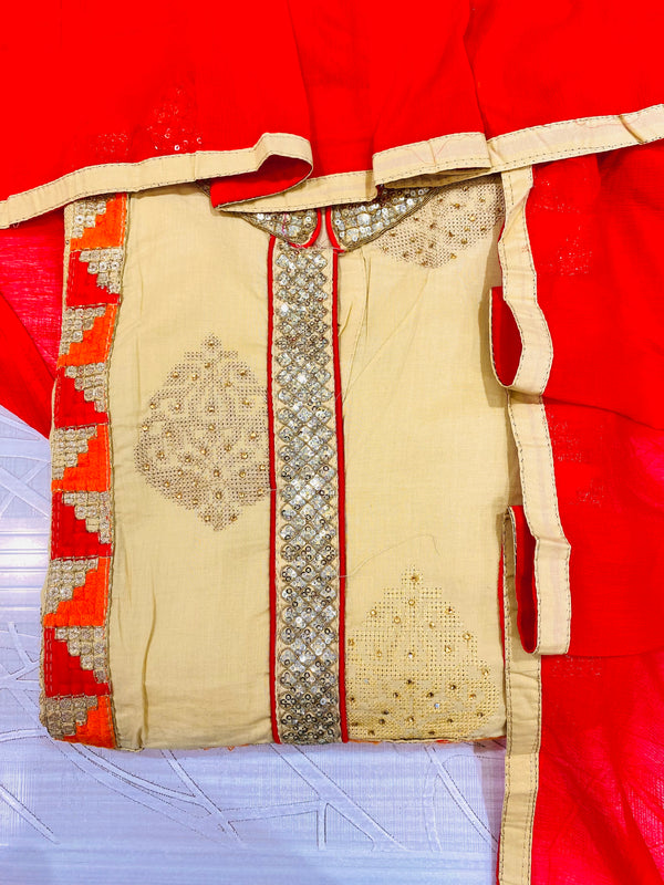 Designer Embroidered Suit Length 3 Piece Beige Mal Cotton