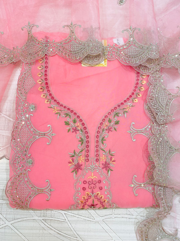 Designer Embroidered Suit Length 3 Piece Pink Organza