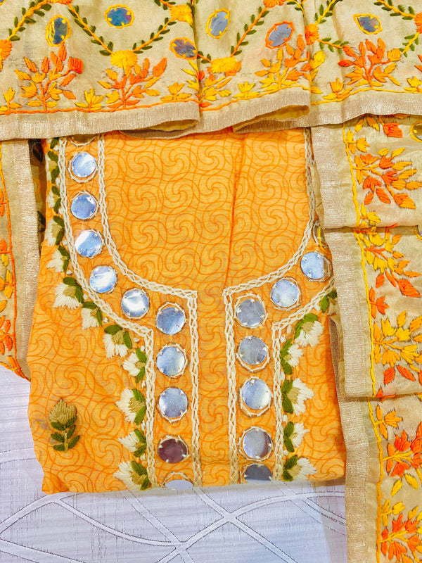 Designer Embroidered Suit Length 3 Piece Orange Chanderi Cotton with Phulkari Work