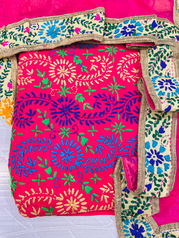 Designer Embroidered Suit Length 3 Piece Pink Mal Cotton with Phulkari Work