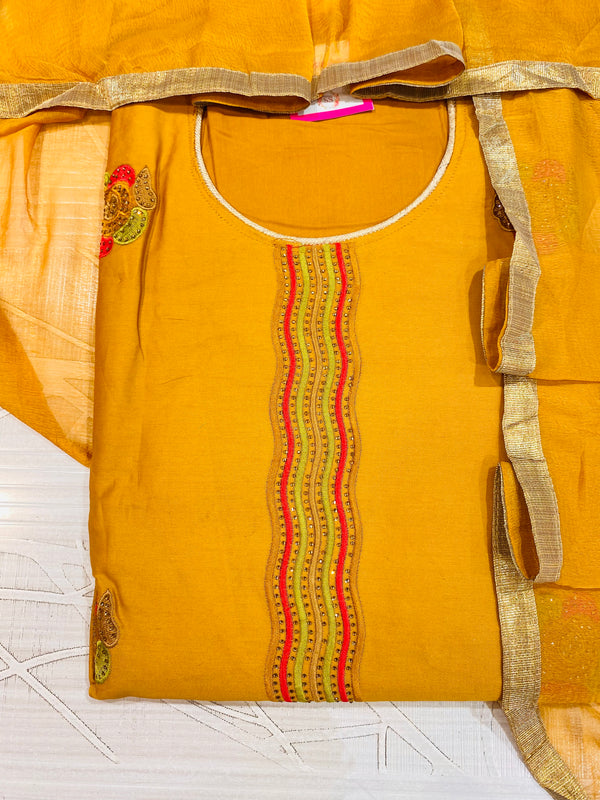 Designer Embroidered Suit Length 3 Piece Mustard Mal Cotton