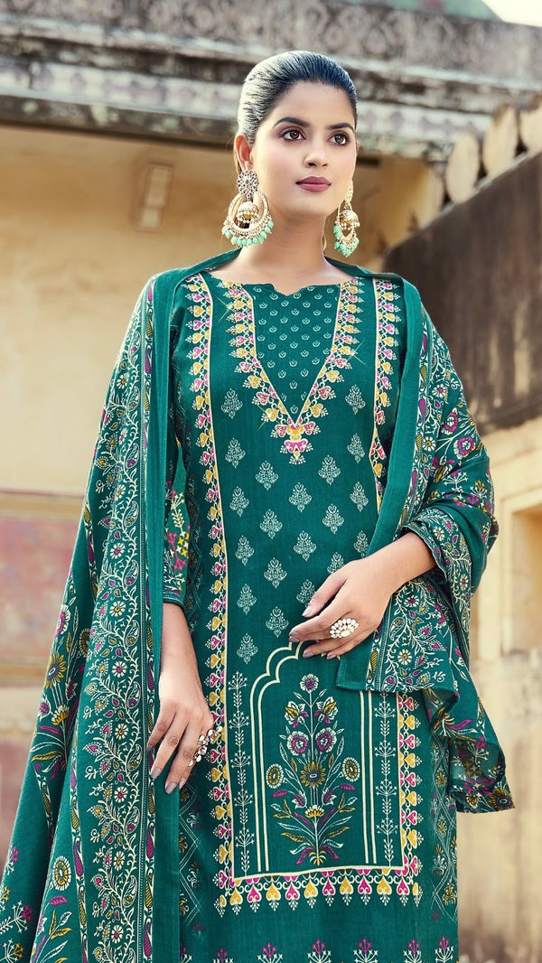 Turquoise Green Woollen Suit Length 3 Piece with Woollen Dupatta