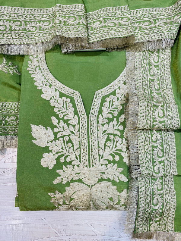 Designer Embroidered Suit Length 3 Piece Green Muslin Cotton