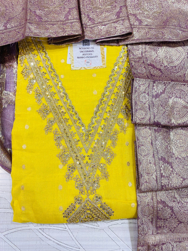 Designer Embroidered Suit Length 3 Piece Yellow Tissue