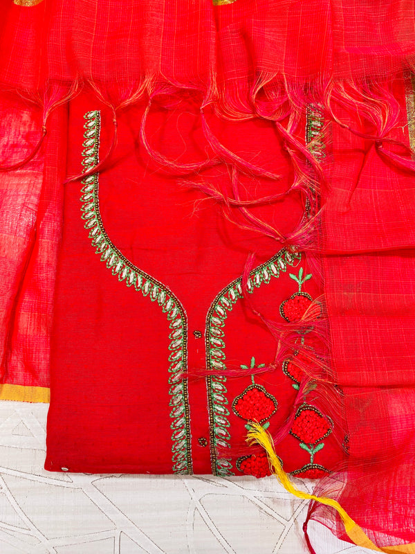 Designer Embroidered Suit Length 3 Piece Red Chanderi Cotton