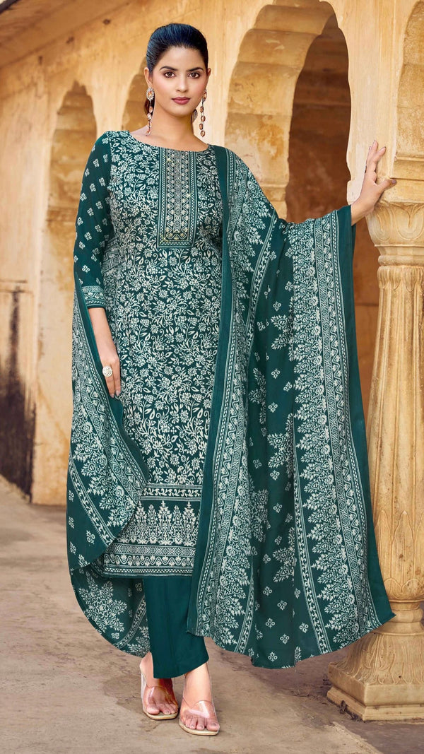 Turquoise Green Woollen Suit Length 3 Piece with Woollen Dupatta