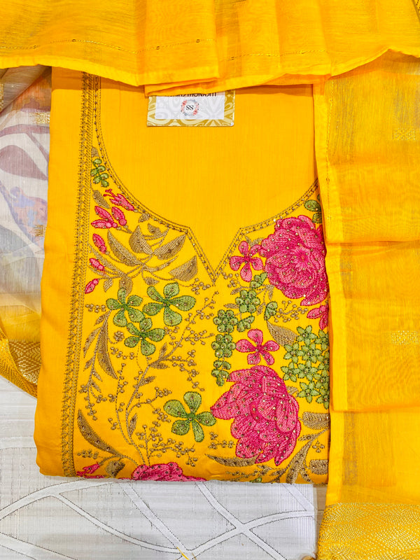 Designer Embroidered Suit Length 3 Piece Yellow Mal Cotton