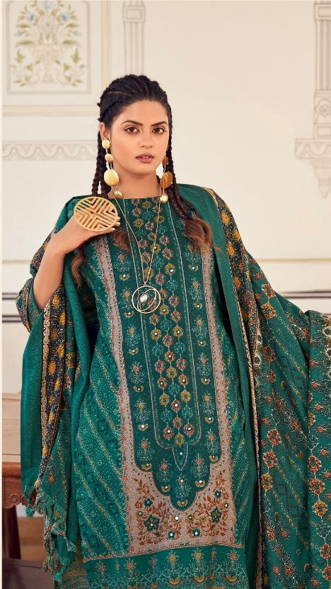 Turquoise Green Woollen Suit Length 3 Piece with Woollen Dupatta