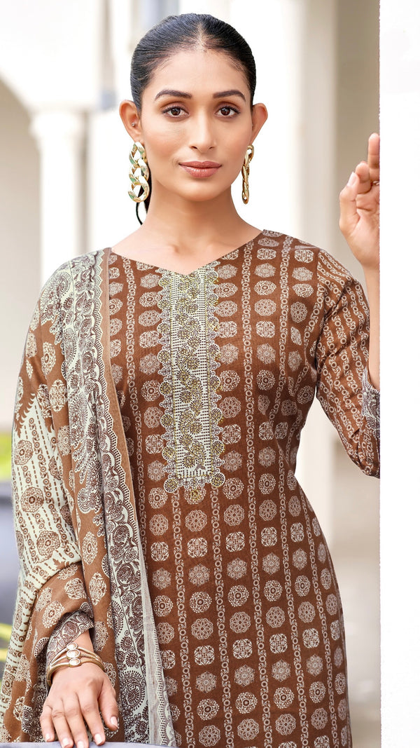 Brown Woollen Suit Length 3 Piece with Woollen Dupatta