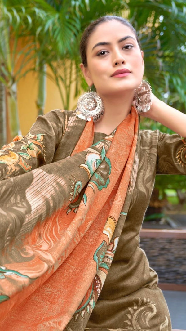 Brown Woollen Suit Length 3 Piece with Woollen Dupatta