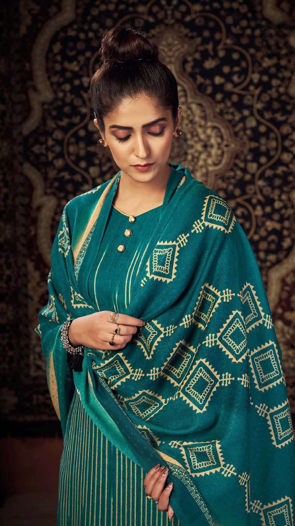 Turquoise Green Woollen Suit Length 3 Piece with Woollen Dupatta