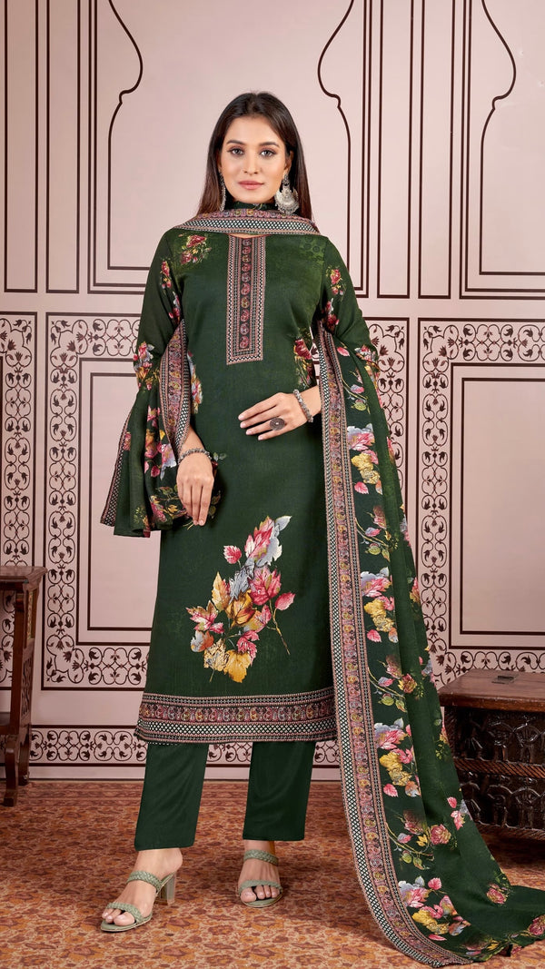 Bottle Green Woollen Suit Length 3 Piece with Woollen Dupatta