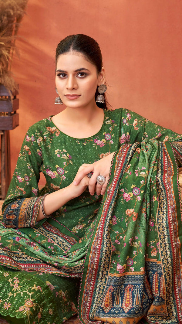 Green Woollen Suit Length 3 Piece with Woollen Dupatta