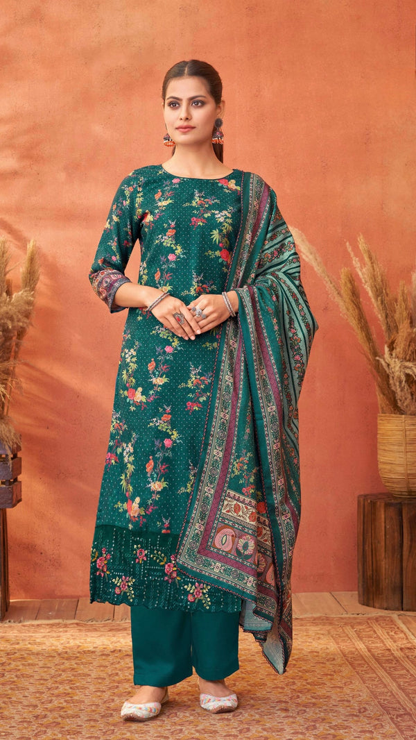 Turquoise Green Woollen Suit Length 3 Piece with Woollen Dupatta