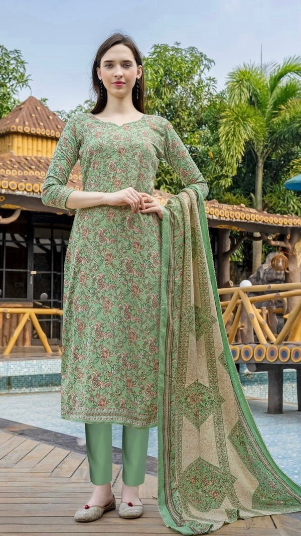 Green Woollen Suit Length 3 Piece with Woollen Dupatta