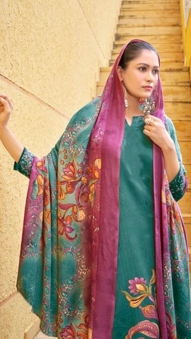 Turquoise Green Woollen Suit Length 3 Piece with Woollen Dupatta