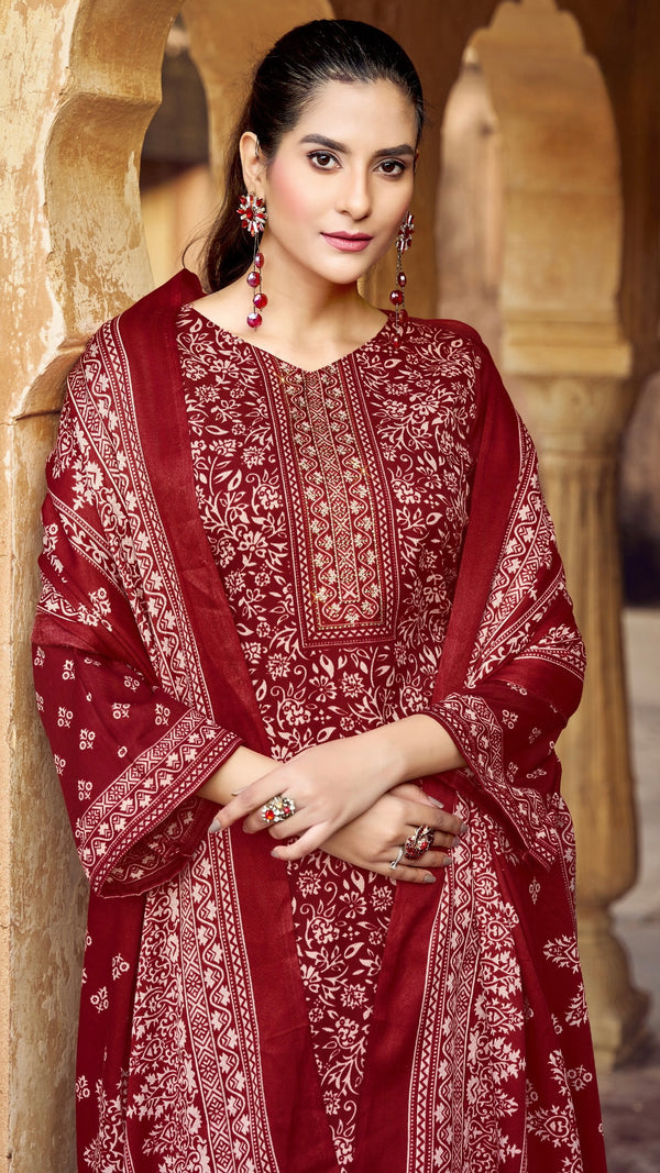 Maroon Woollen Suit Length 3 Piece with Woollen Dupatta