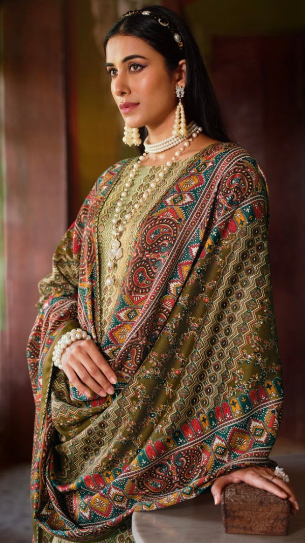 Green Woollen Suit Length 3 Piece with Woollen Dupatta