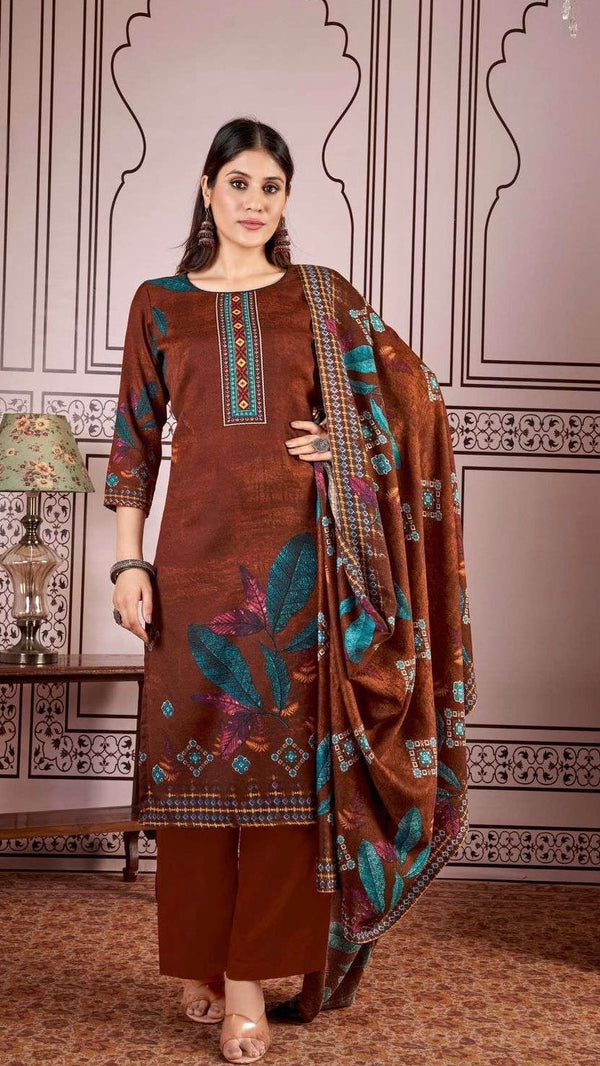 Rust Woollen Suit Length 3 Piece with Woollen Dupatta