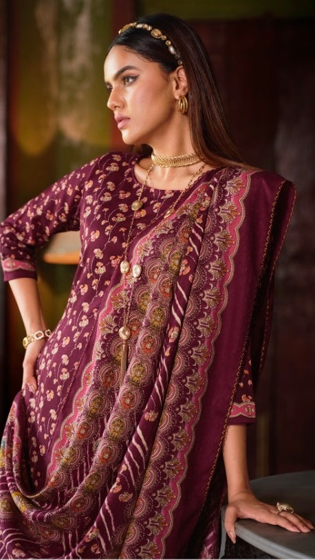 Wine Woollen Suit Length 3 Piece with Woollen Dupatta