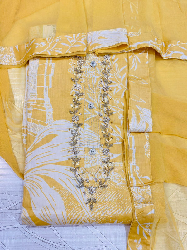 Designer Embroidered Suit Length 3 Piece Beige Mal Cotton