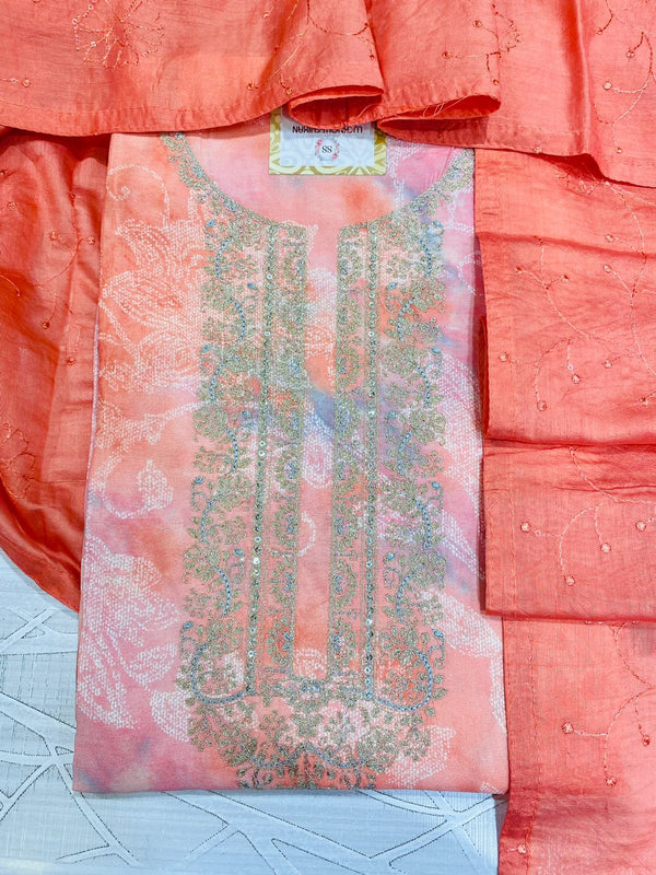 Designer Embroidered Suit Length 3 Piece Peach Muslin Cotton