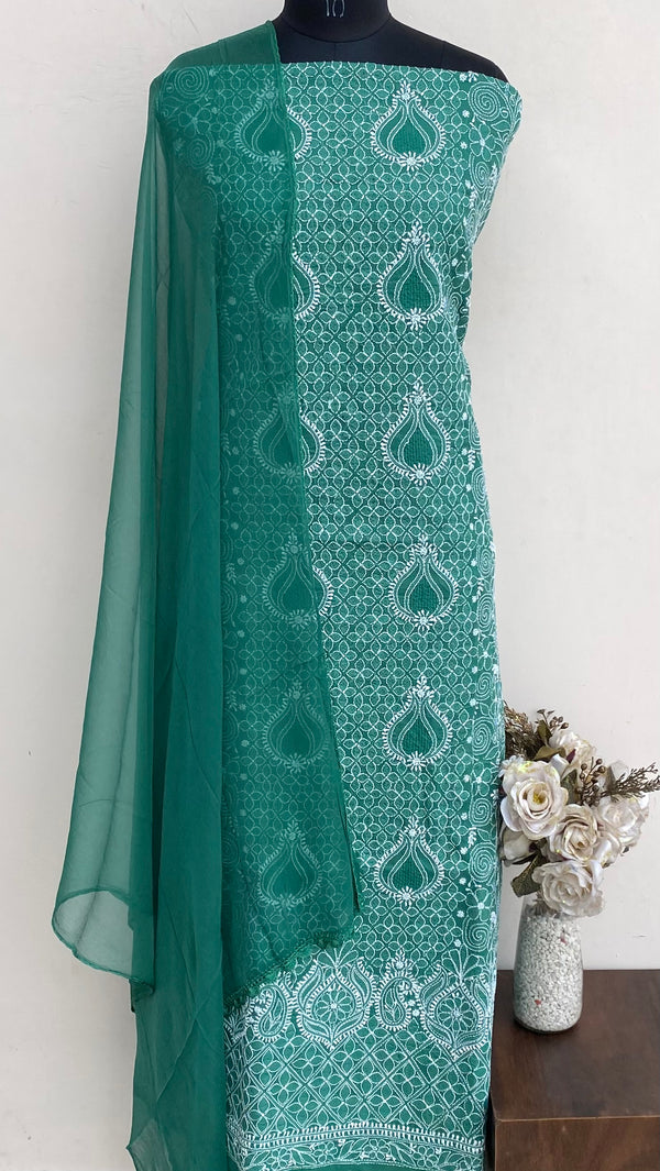 Lucknowi Chikankari Suit Length 3 Piece Green Cotton With Jaali Work