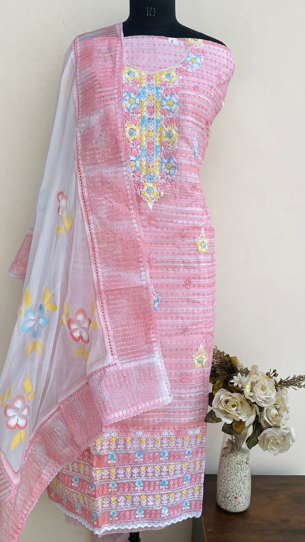 Designer Embroidered Suit Length 3 Piece Pink Organza With Sequence Work