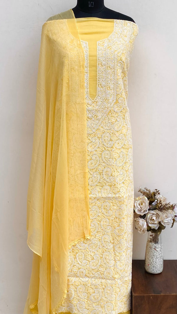 Lucknowi Chikankari Suit Length 3 Piece Yellow Cotton