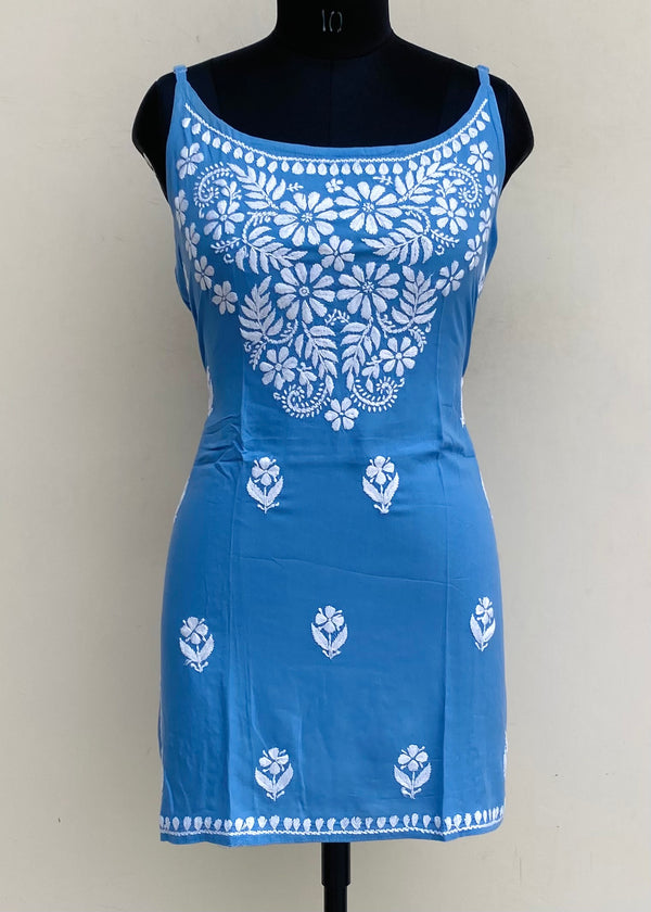 Lucknowi Chikankari Noodle Strap Short Kurti Blue Modal Cotton