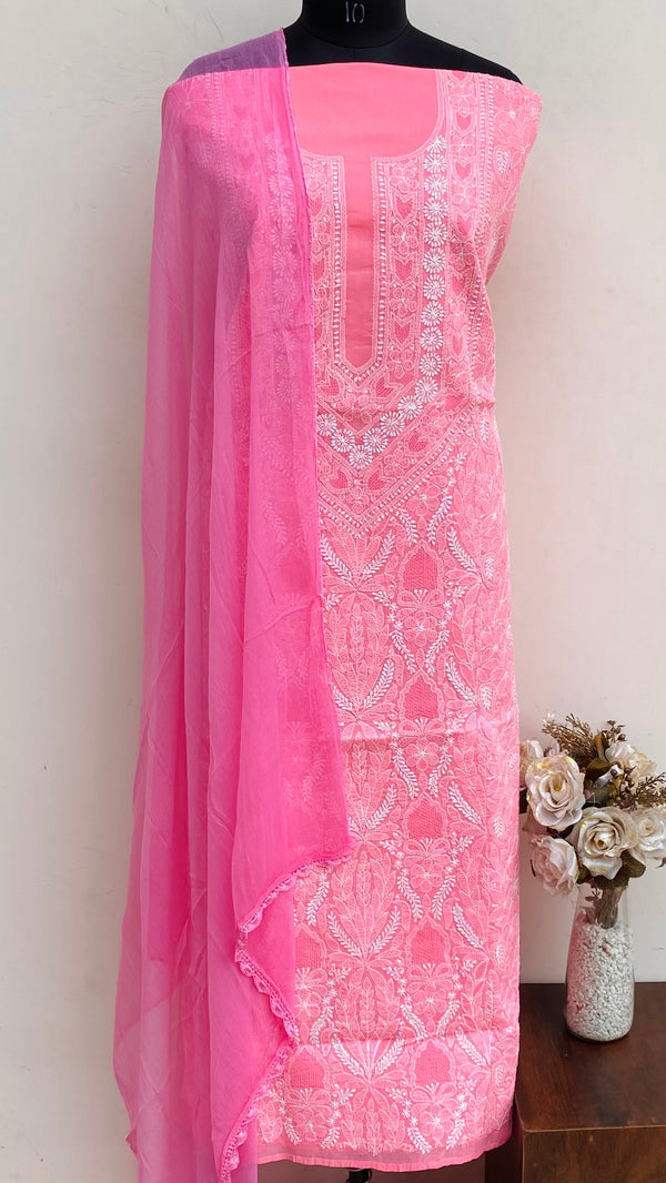 Lucknowi Chikankari Suit Length 3 Piece Pink Cotton With Jaali Work