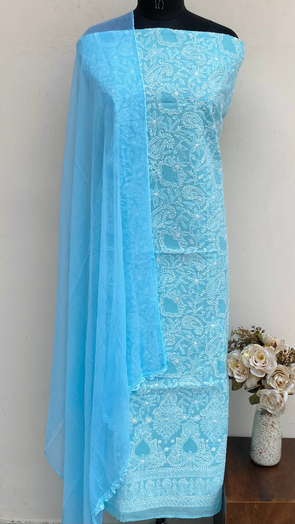 Lucknowi Chikankari Suit Length 3 Piece Blue Cotton With Jaali Work