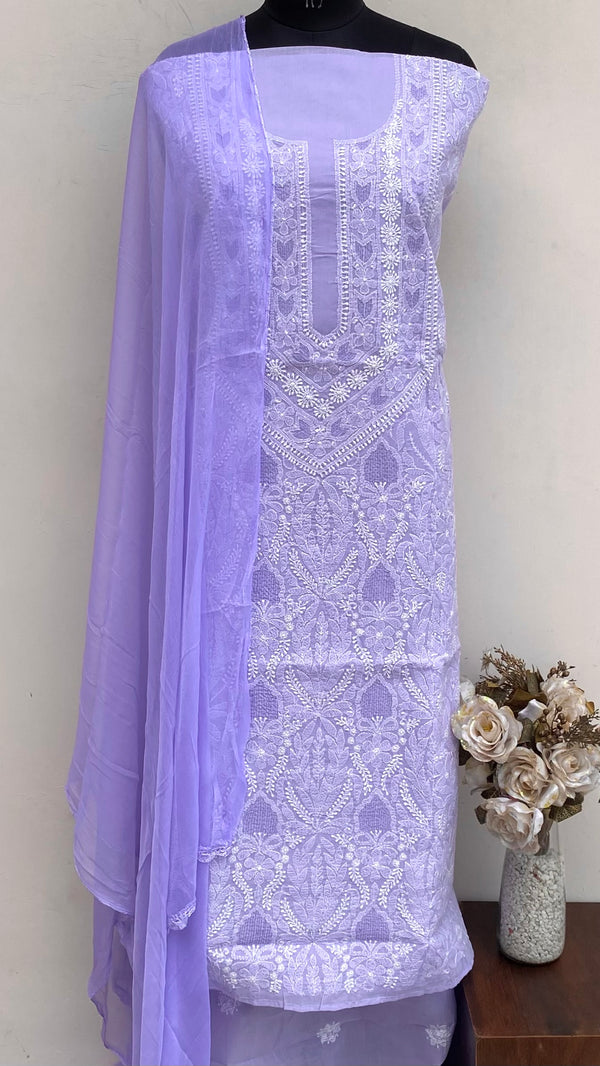 Lucknowi Chikankari Suit Length 3 Piece Purple Cotton With Jaali Work