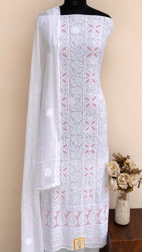 Lucknowi Chikankari Suit Length 2 Piece White Pure Georgette With Cutdana & Sequence Work