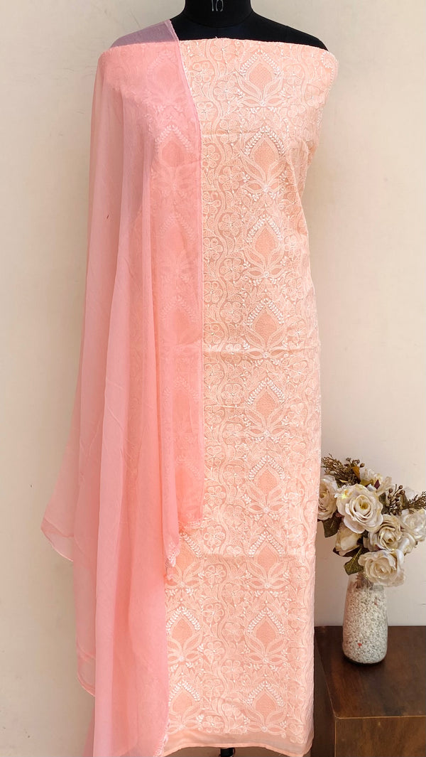 Lucknowi Chikankari Suit Length 3 Piece Peach Cotton With Jaali Work