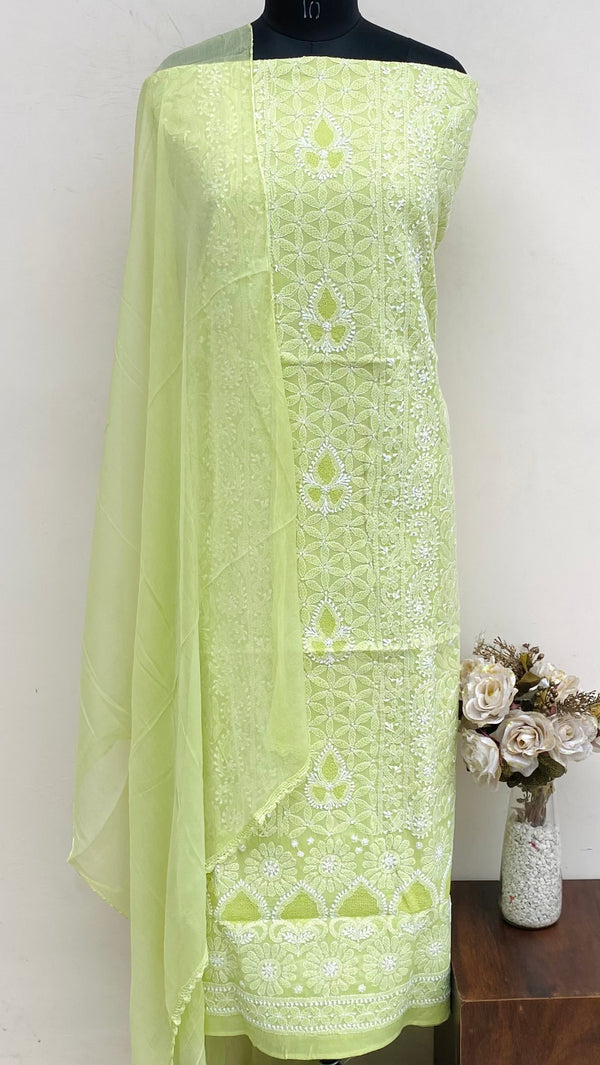 Lucknowi Chikankari Suit Length 3 Piece Parrot Green Cotton With Jaali Work