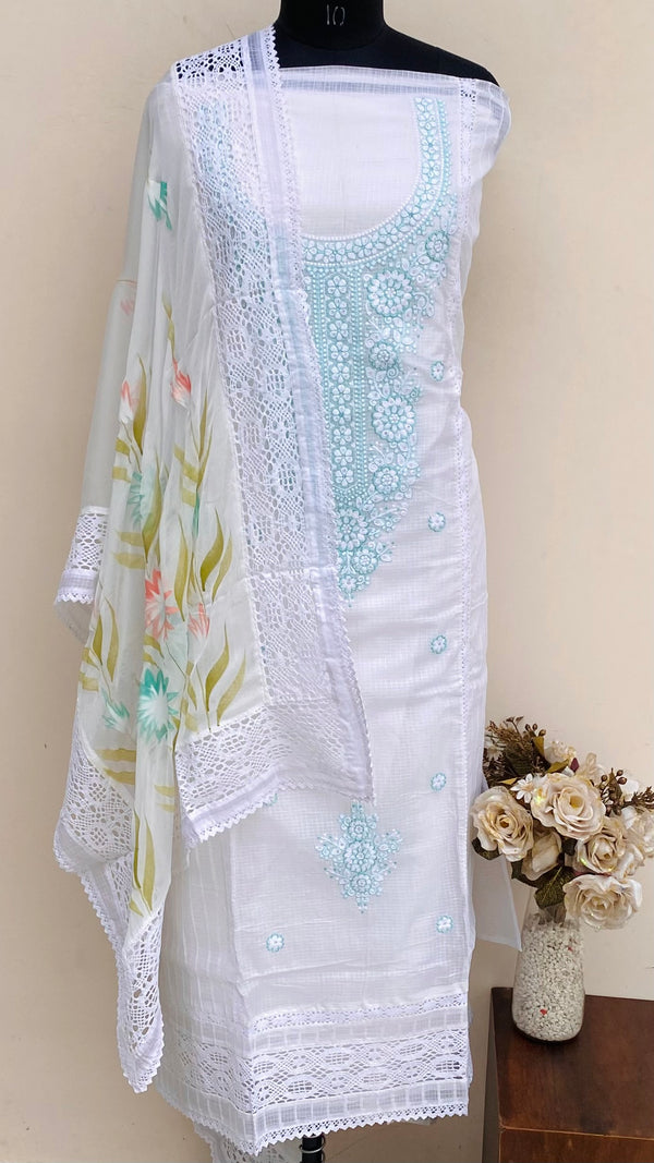Designer Embroidered Suit Length 3 Piece White Kota With Sequence Work