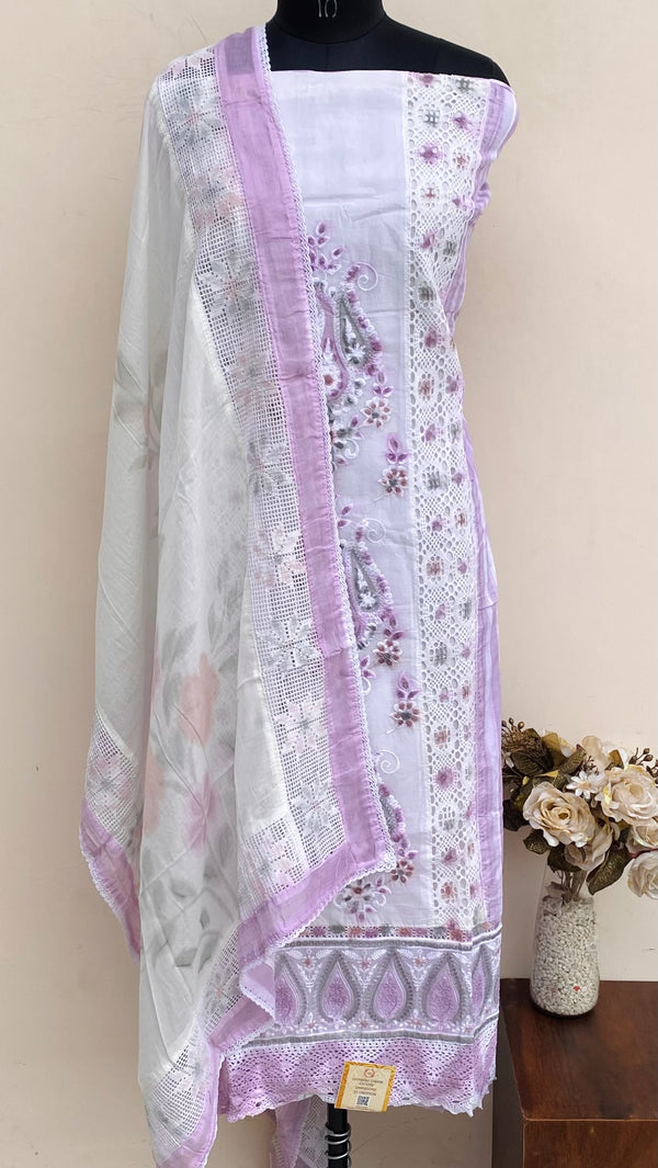 Designer Embroidered Suit Length 3 Piece White Mal Cotton With Sequence Work